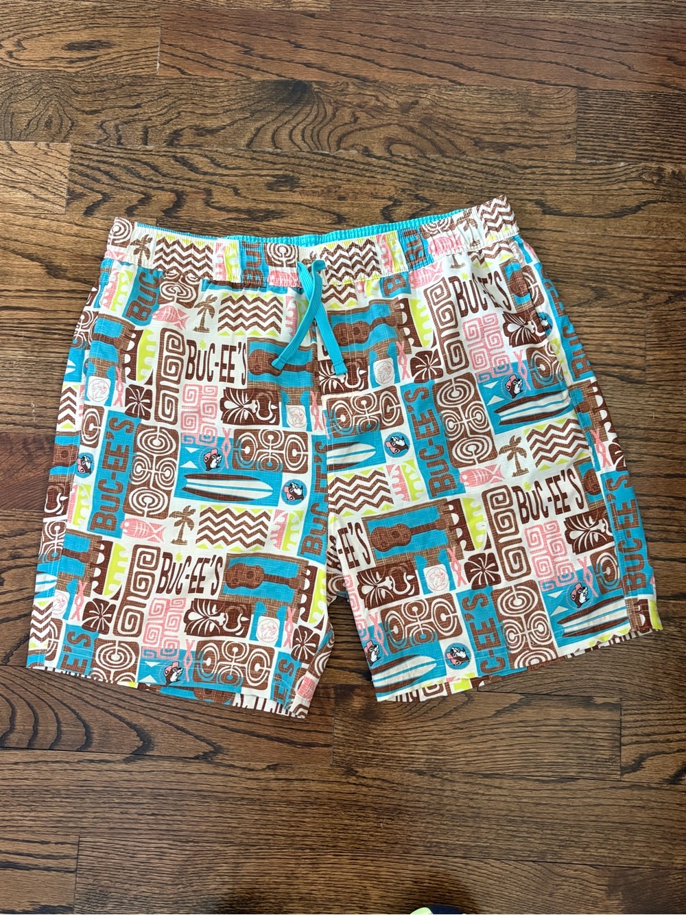 Buc-ee's Men's Patterned Swim Trunks in Turquoise, Brown & Cream